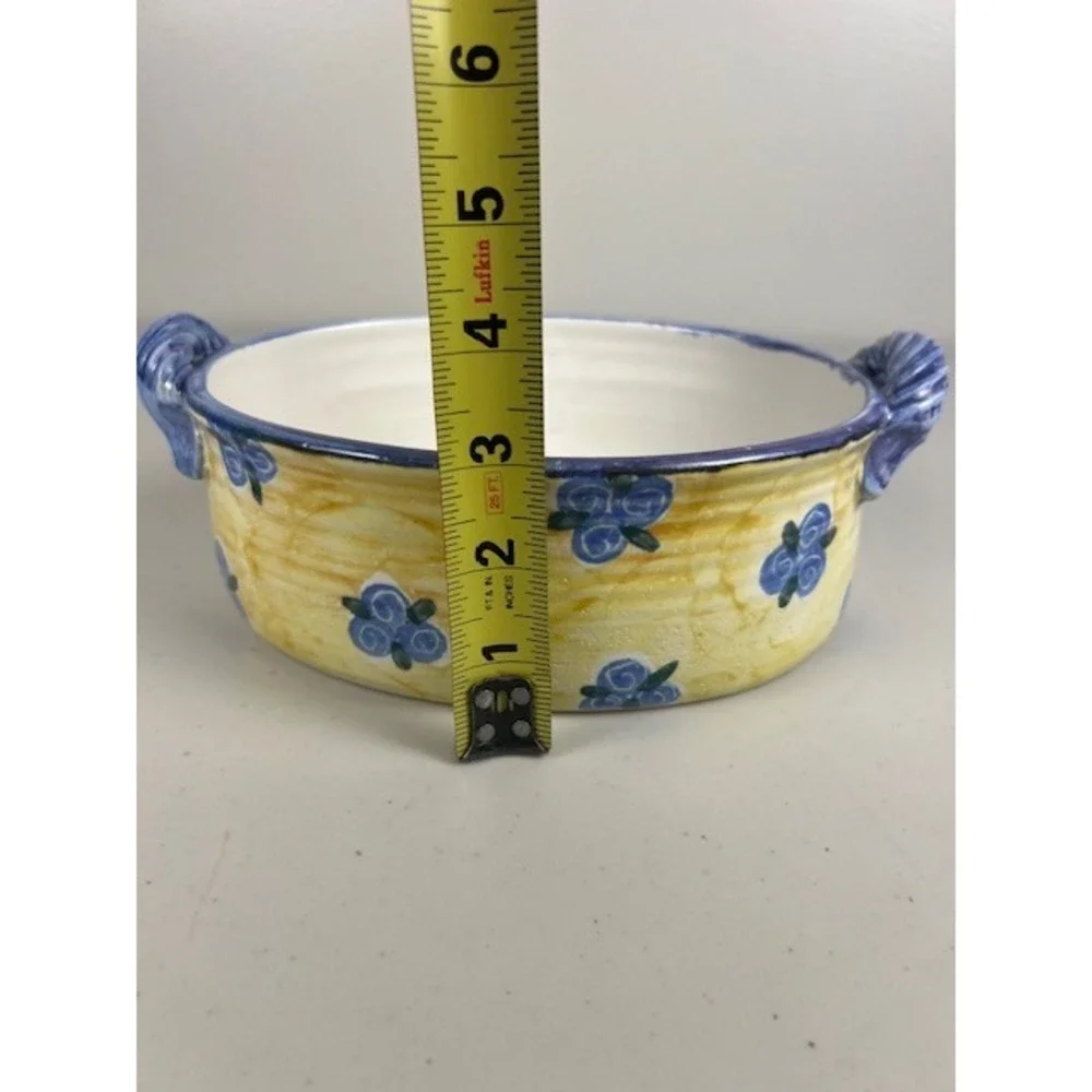 Hand Painted Yellow Blue Floral Ceramic Oval Serving Bowl Handles 10in‎ Signed